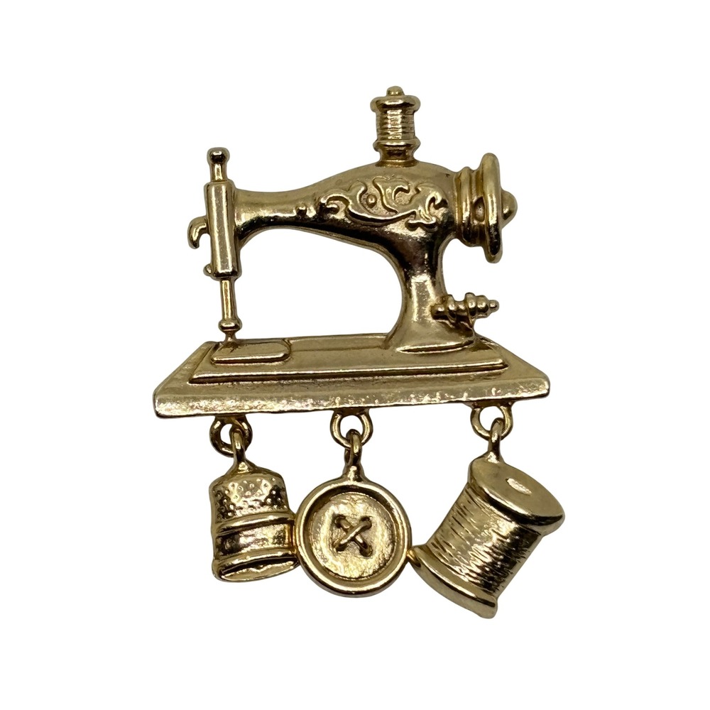 Vintage Gold Tone Sewing Machine Brooch Thimble Button Spool Charms Pin